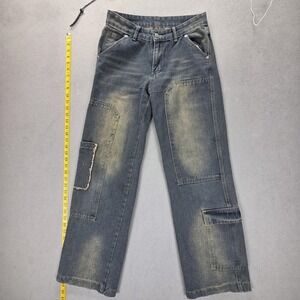 Cargo Jeans Mens Blue Med Wash Straight Distressed Utility Fits 28x31